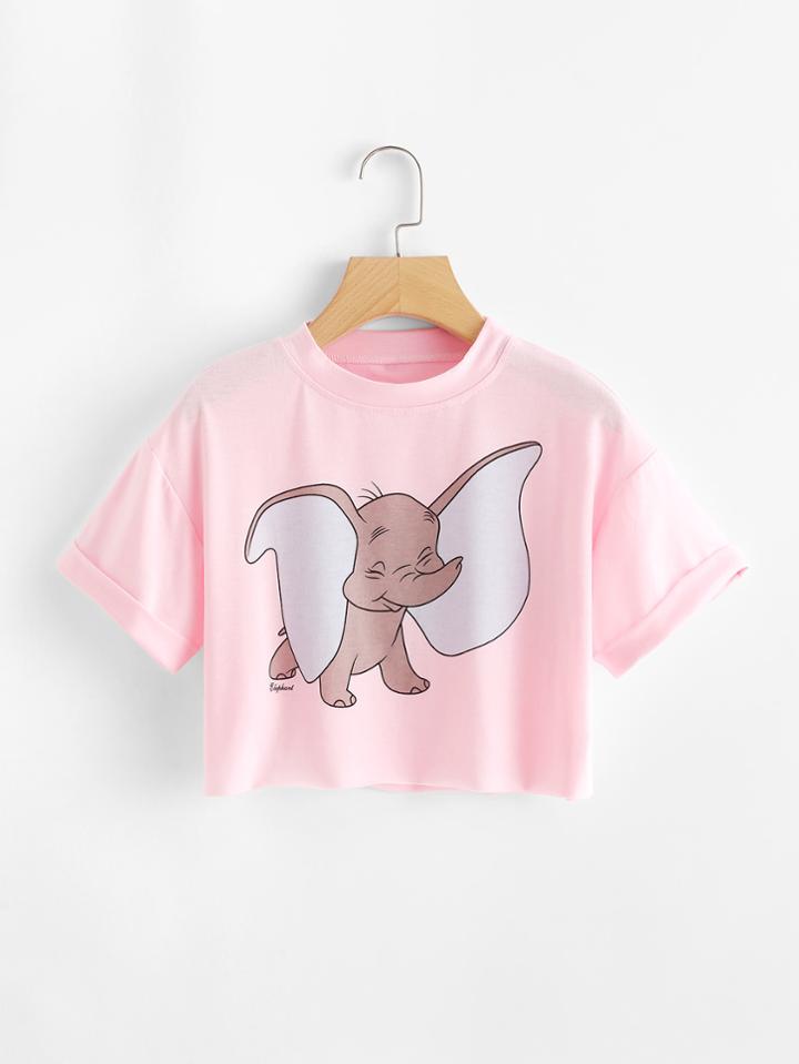 Romwe Elephant Print Cuffed Crop Tee