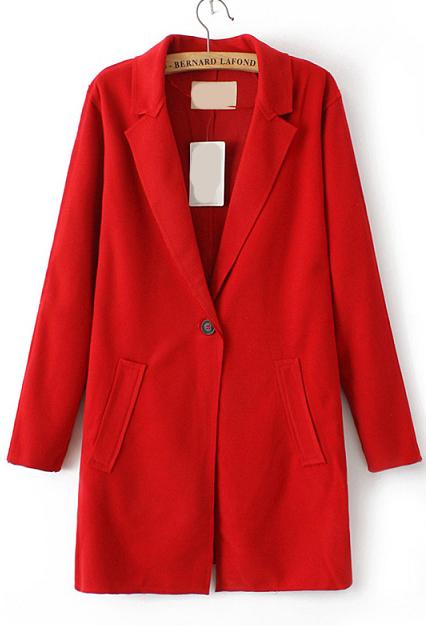 Romwe Lapel Pockets Woolen Red Coat