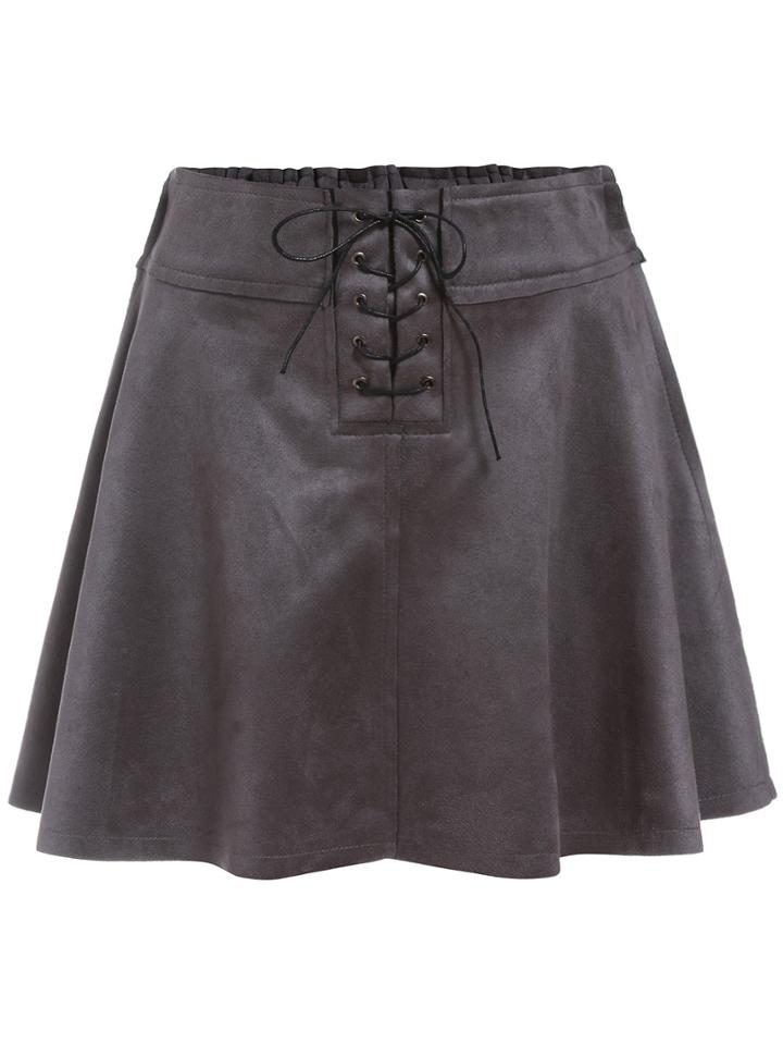 Romwe Lace Up A Line Camel Skirt