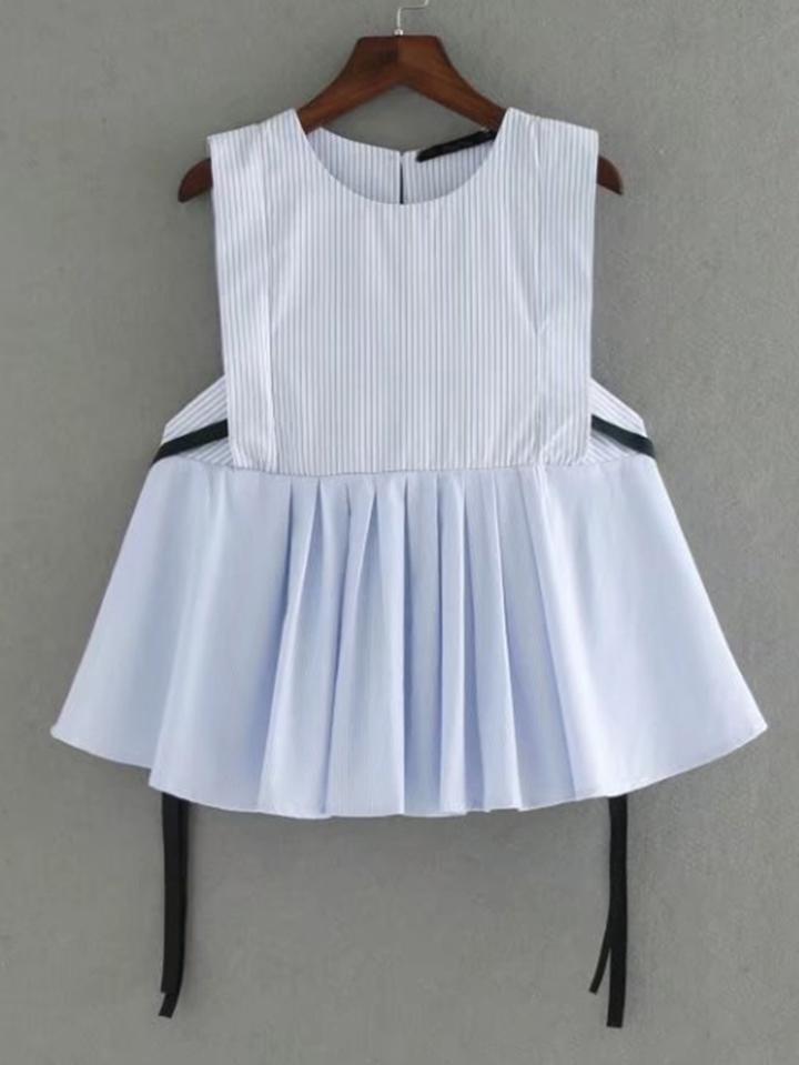 Romwe Vertical Striped Pleated Sleeveless Top