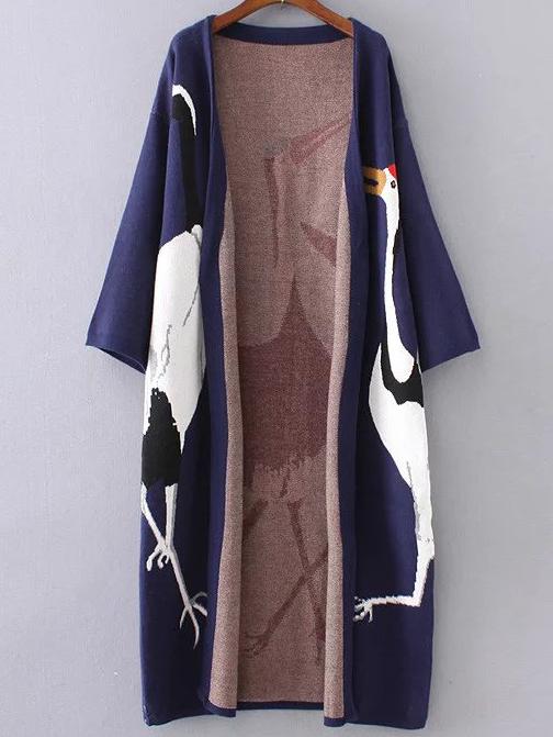 Romwe Navy Crane Pattern Drop Shoulder Long Cardigan