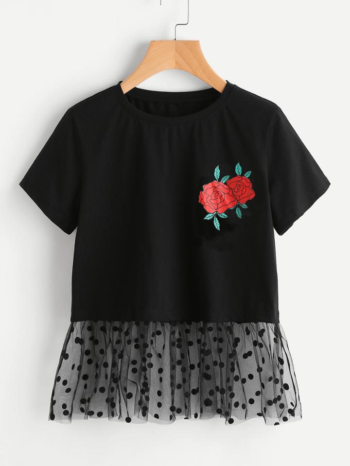 Romwe Rose Print Dot Mesh Hem Top