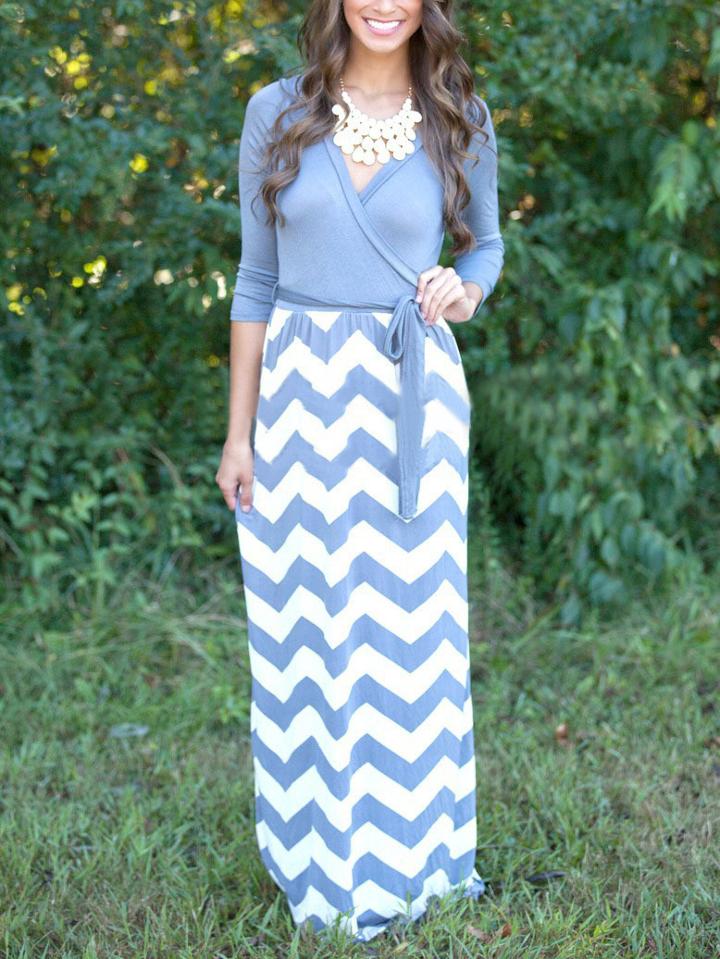Romwe V Neck Zigzag Maxi Pale Blue Dress