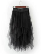 Romwe Black Asymmetric Tiered Mesh Skirt