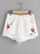 Romwe Distress Floral Embroidered Fray Hem Denim Shorts
