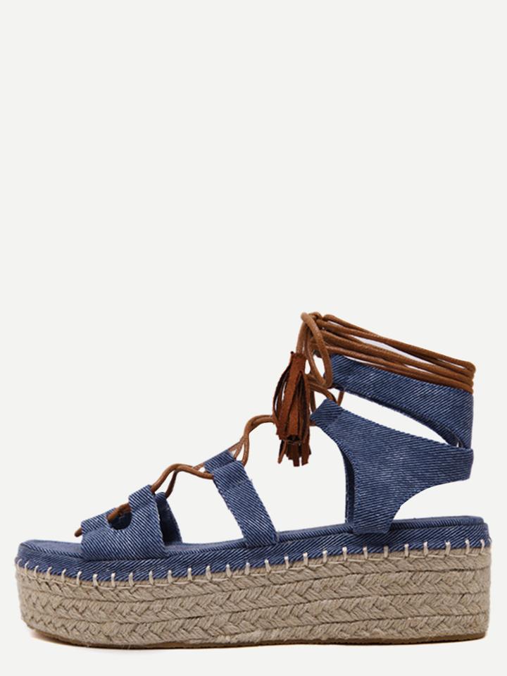 Romwe Blue Open Toe Lace-up Espadrille Wedges