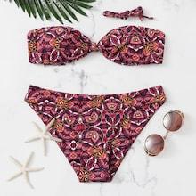 Romwe Knot Detachable Strap Top With Ethnic Print Bikini