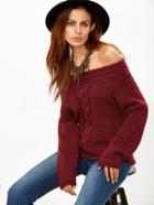 Romwe Burgundy Cable Knit Off The Shoulder Sweater