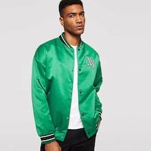 Romwe Guys Striped Trim Satin Baseball Jacket