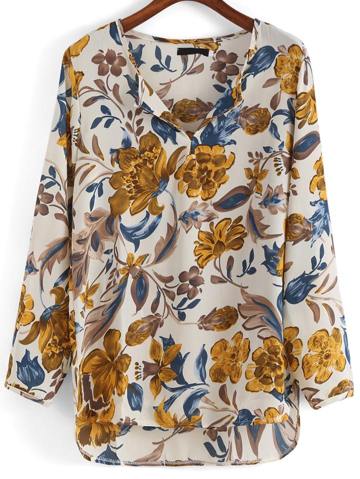 Romwe Dip Hem Flower Print Top