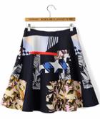 Romwe Black Floral Geometric Print Skirt