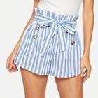 Romwe Paper-bag Waist Buttoned Stripe Shorts