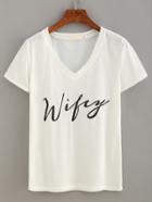 Romwe V-neck Letter Print T-shirt