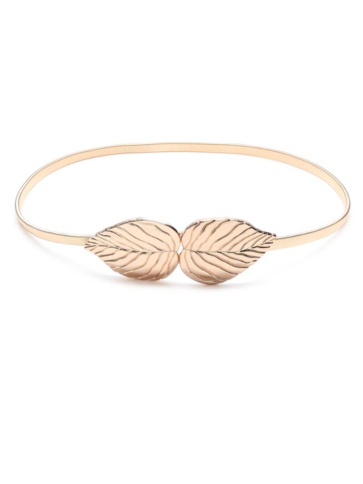 Romwe Gold Leaf Buckled Elastic Skinny Belt