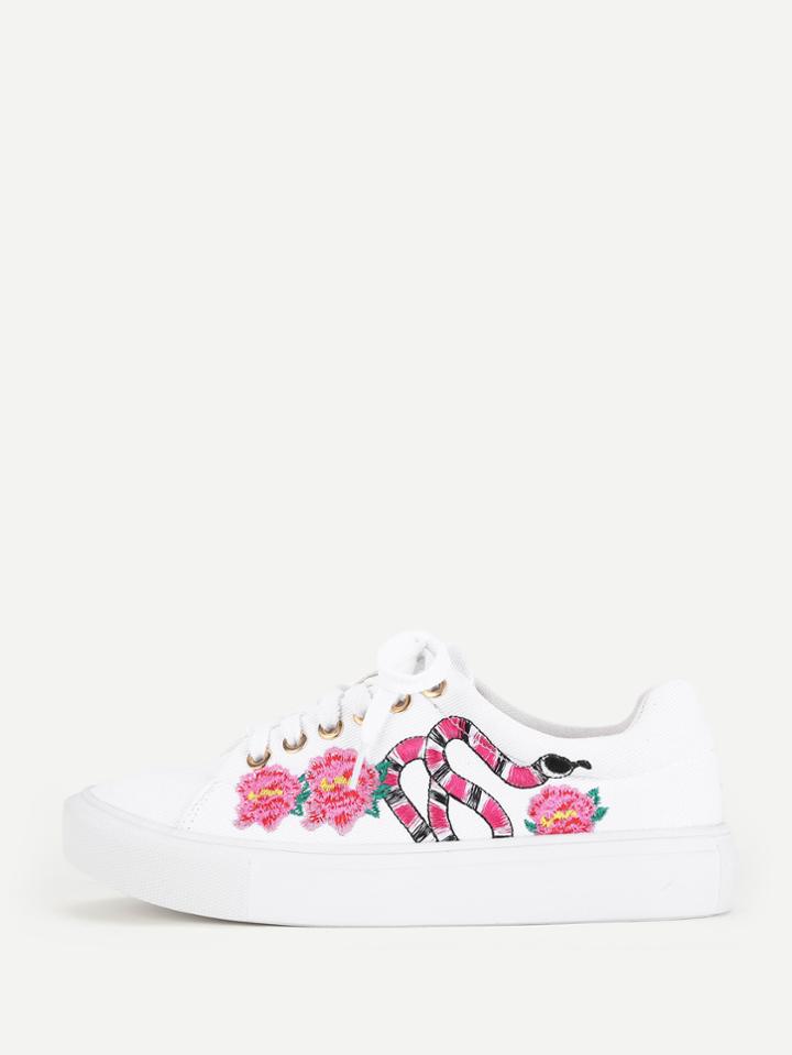 Romwe Snake & Flower Embroidery Lace Up Sneakers