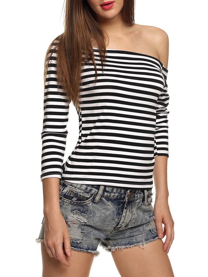 Romwe Cold Shoulder Striped T-shirt