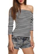 Romwe Cold Shoulder Striped T-shirt