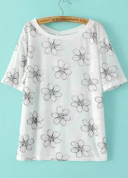 Romwe Flower Patch White T-shirt