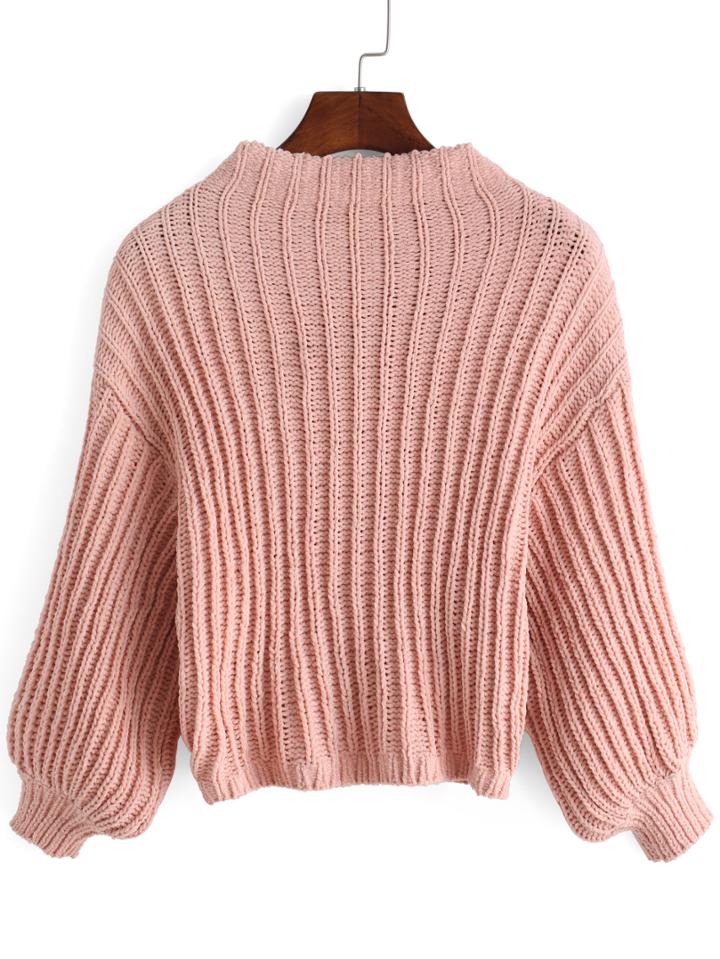 Romwe Puff Sleeve Loose Pink Sweater