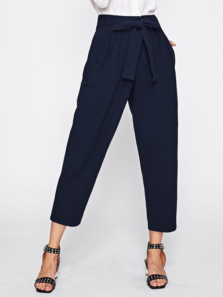Romwe Bow Tie Waist Box Pleated Peg Pants