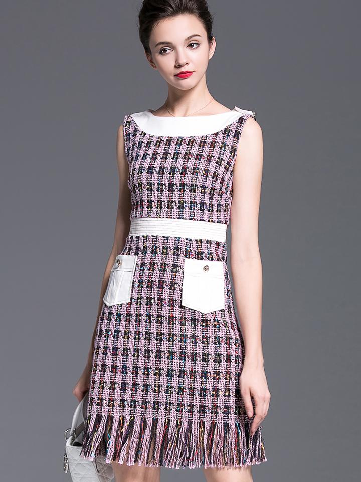 Romwe Purple Round Neck Sleeveless Pockets Tassel Dress