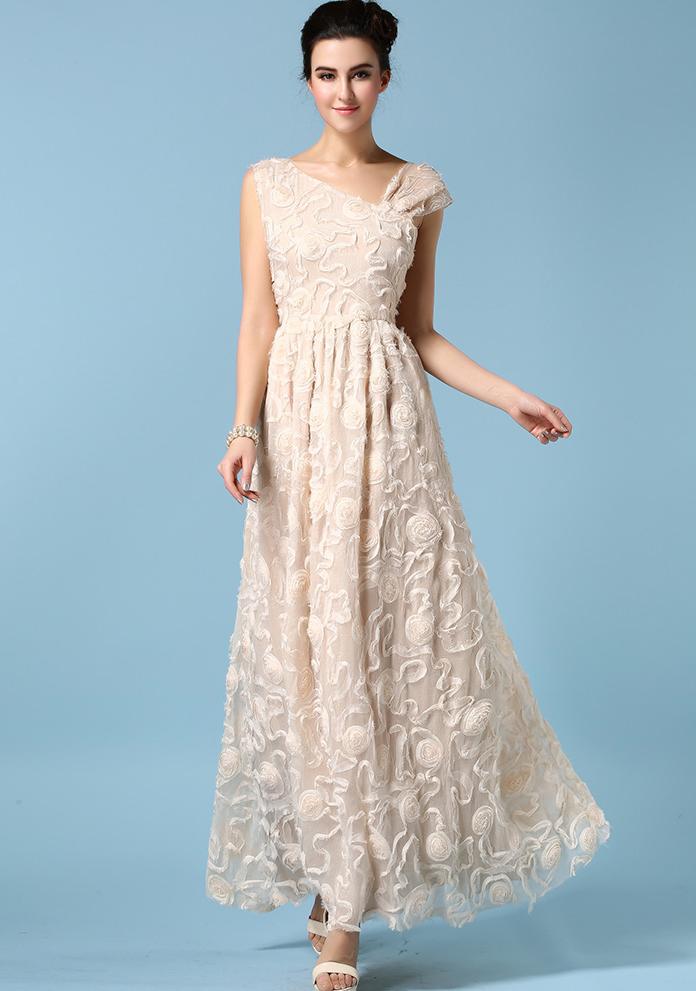 Romwe Asymmetrical Collar Embroidered Maxi Dress