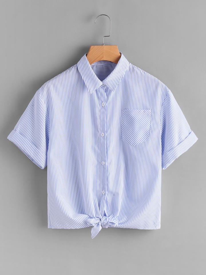 Romwe Cuffed Sleeve Knot Front Pinstripe Shirt