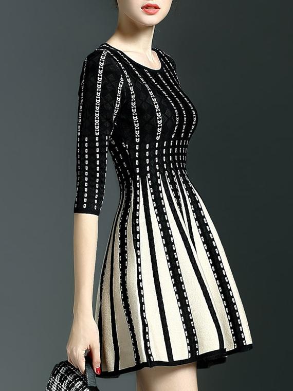 Romwe Black Crew Neck Pleated Knit A-line Dress