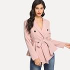 Romwe Belted Asymmetric Peplum Blazer