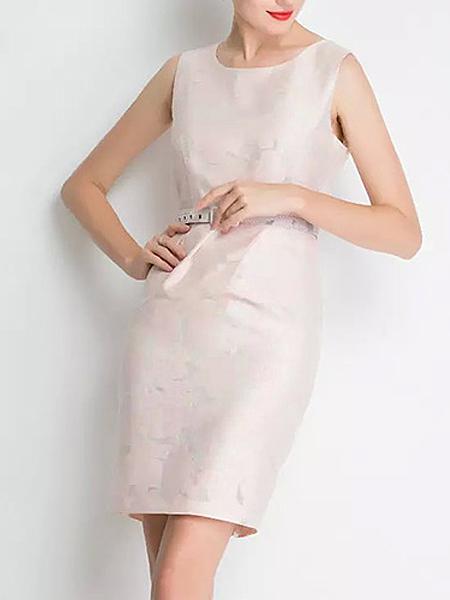 Romwe Apricot Sleeveless Floral Print Drawstring Dress