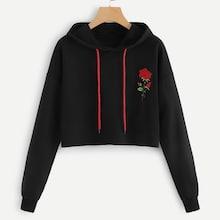 Romwe Rose Embroidery Drawstring Hoodie