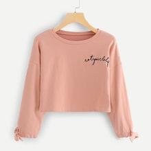 Romwe Tie Sleeve Embroidery Crop Sweatshirt