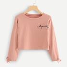 Romwe Tie Sleeve Embroidery Crop Sweatshirt