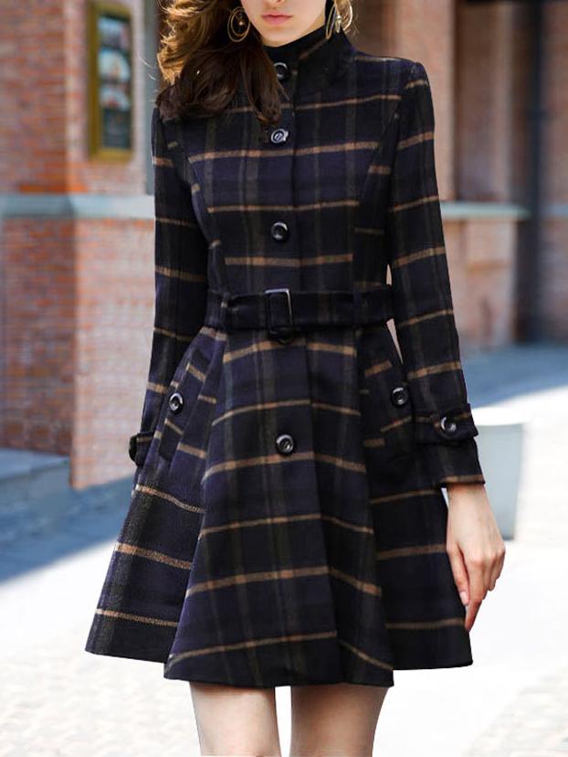 Romwe Stand Collar Plaid Buttons Belt Coat