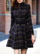 Romwe Stand Collar Plaid Buttons Belt Coat
