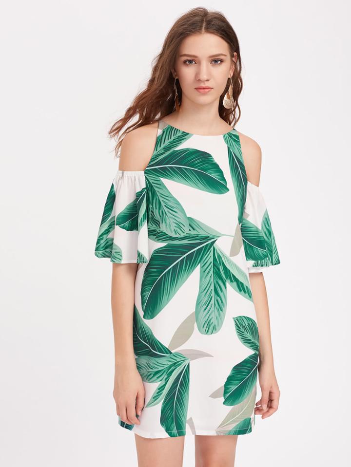 Romwe Palm Leaf Print Open Shoulder Bell Sleeve Dress