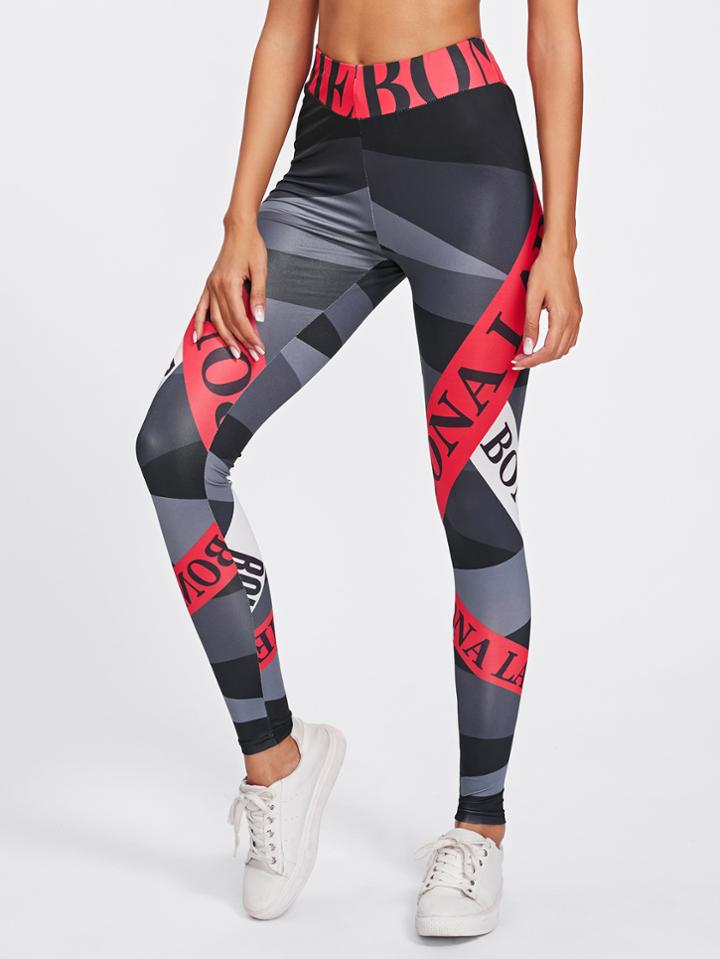 Romwe Letter Print Patchwork Skinny Leggings