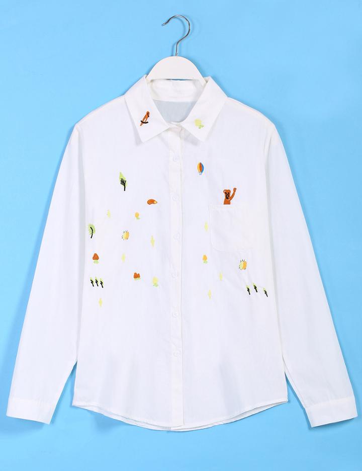 Romwe Cartoon Embroidered Pocket Blouse