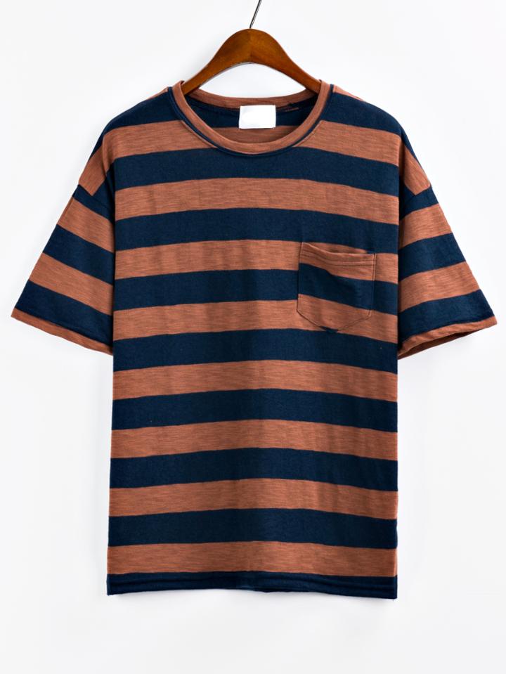 Romwe Striped Khaki T-shirt With Pocket
