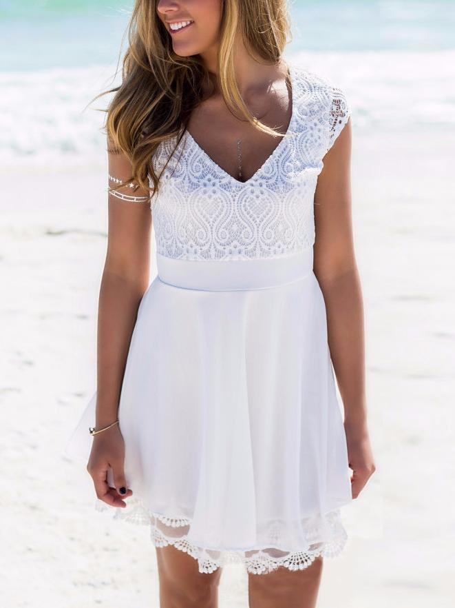 Romwe White Lace Embroidered Cut Out Back Skater Dress