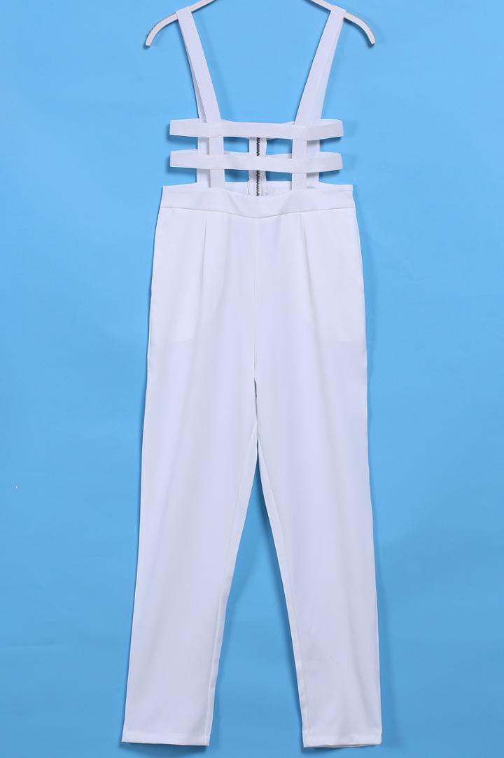Romwe Strap Hollow Zipper White Jumpsuit