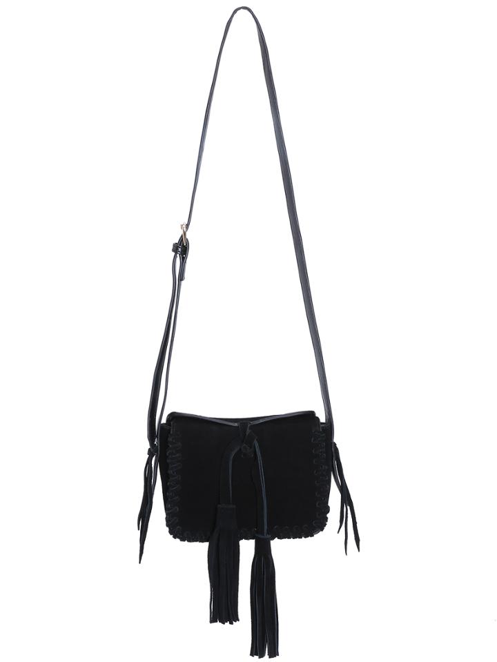 Romwe Black Drawstring Tassel Bag