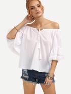 Romwe Off-the-shoulder Lace Trimmed Bell Sleeve Blouse - White