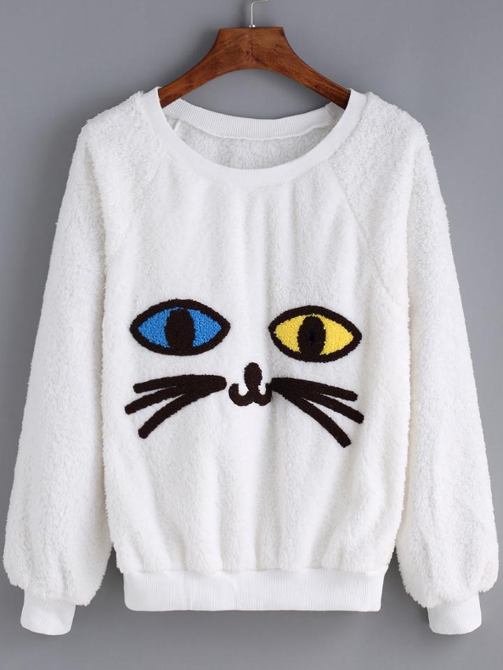 Romwe Women Cat Pattern White Sweatshirt