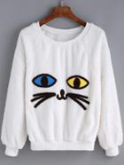 Romwe Women Cat Pattern White Sweatshirt