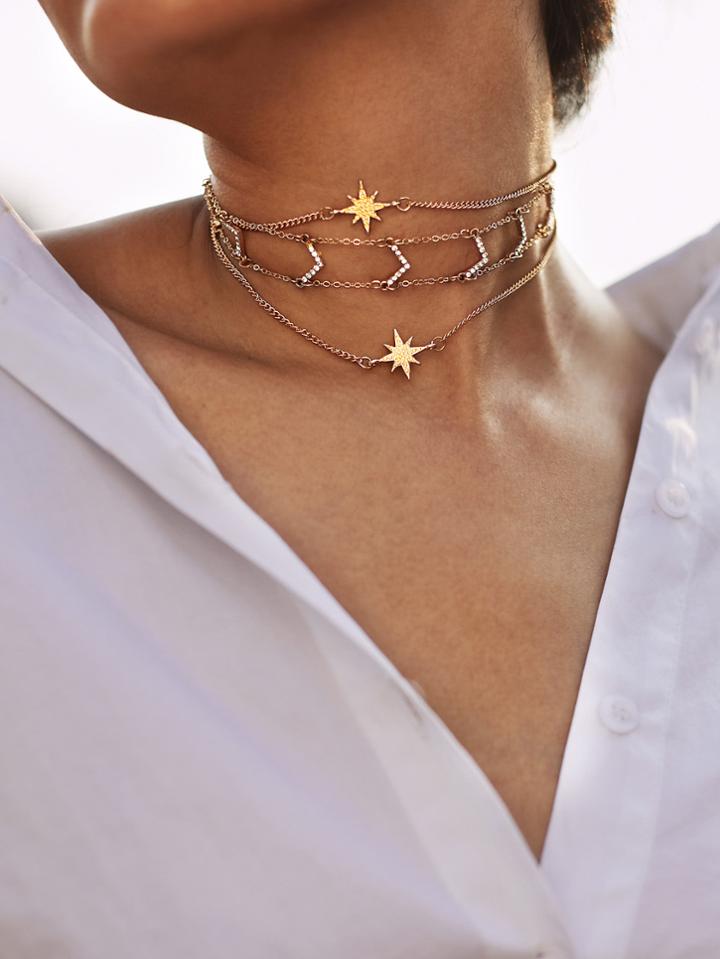 Romwe Rhinestone V Shaped Design Layered Chain Choker