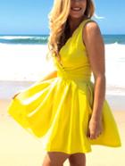 Romwe Yellow Scalloped Surplice Front Pleated Skater Dress