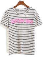 Romwe Black Striped Letter Print T-shirt
