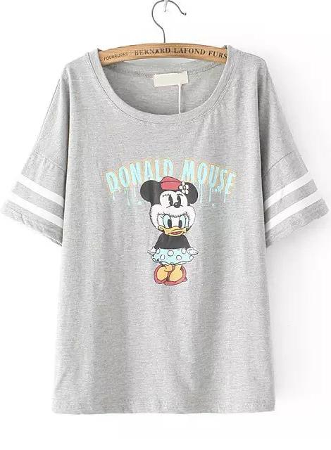 Romwe Grey Short Sleeve Mickey Print Loose T-shirt
