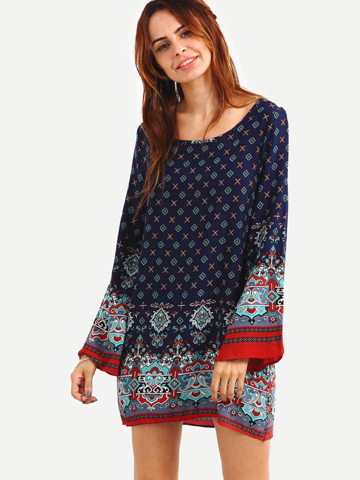 Romwe Paisley Print Bell Sleeve Dress - Navy
